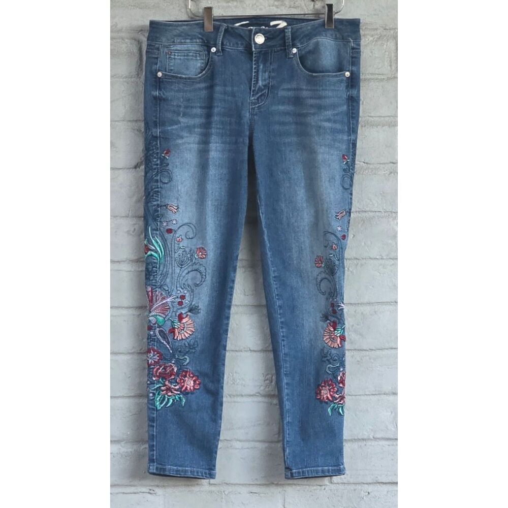Seven7 Ankle Skinny Floral Embroidered Mid Rise Stretch Jeans Medium Wash 10